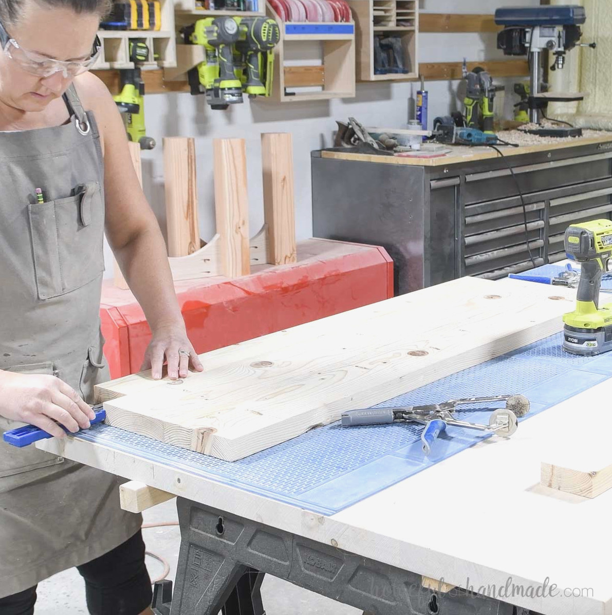 Checking the board ends before fastening them.