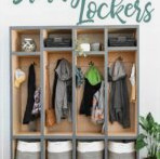 DIY mudroom storage lockers with belongings hanging inside and text overlay.