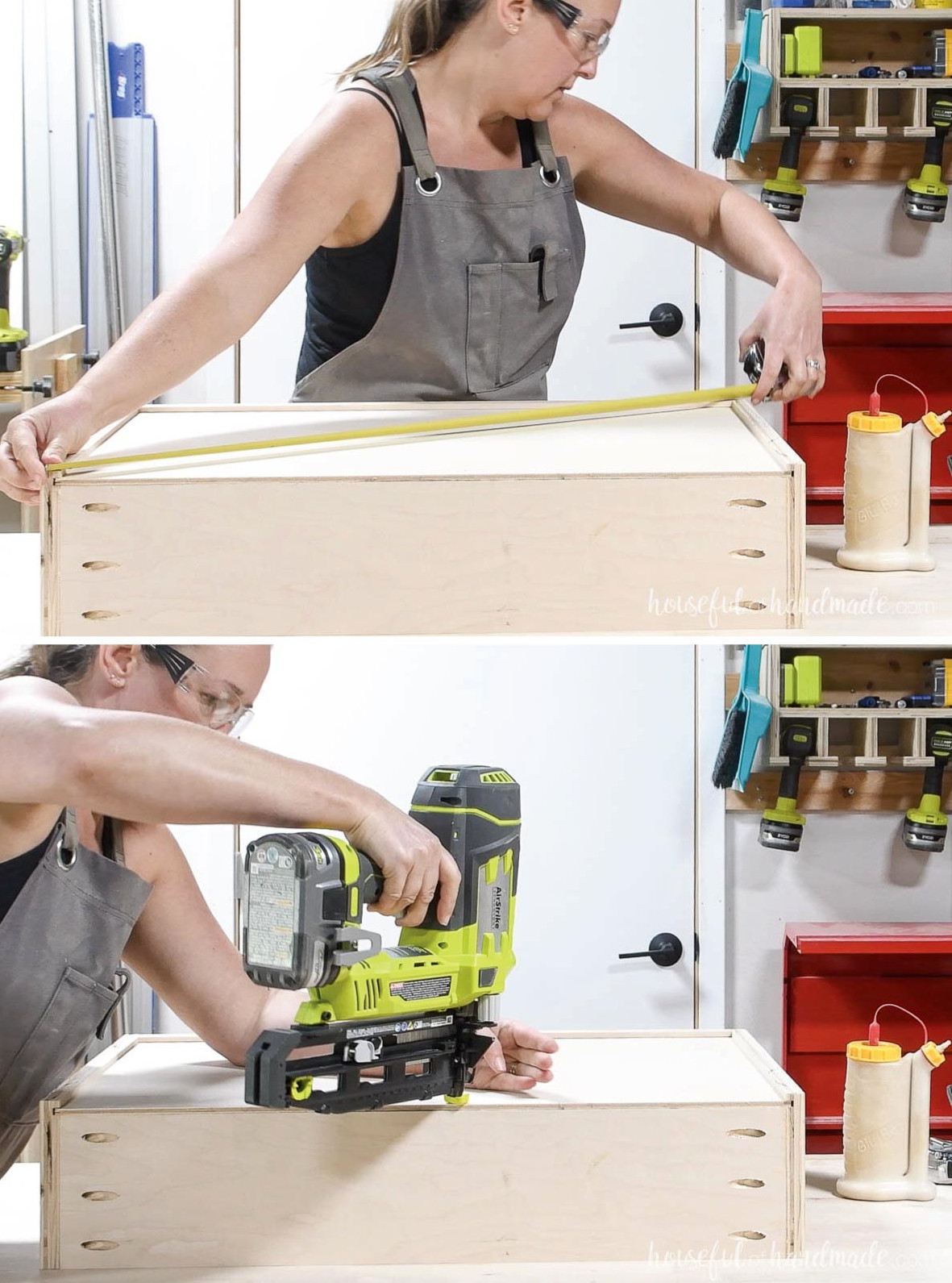 Verifying the drawer box is square and fastening the bottom. 