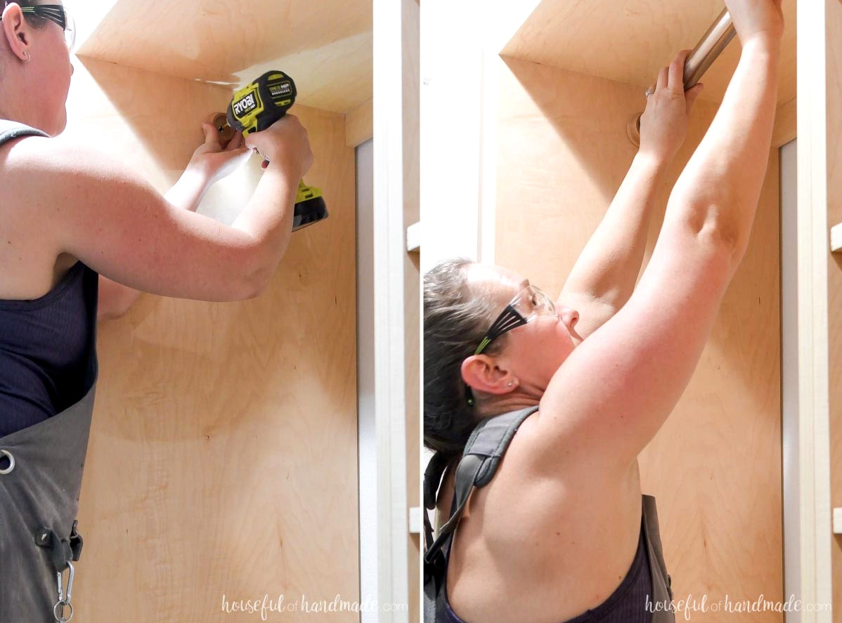 Placing a closet rod inside the custom closet. 