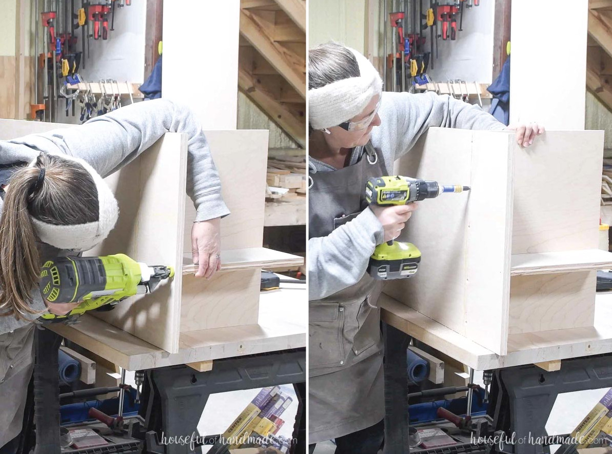 Fastening the side panels with countersunk screws. 