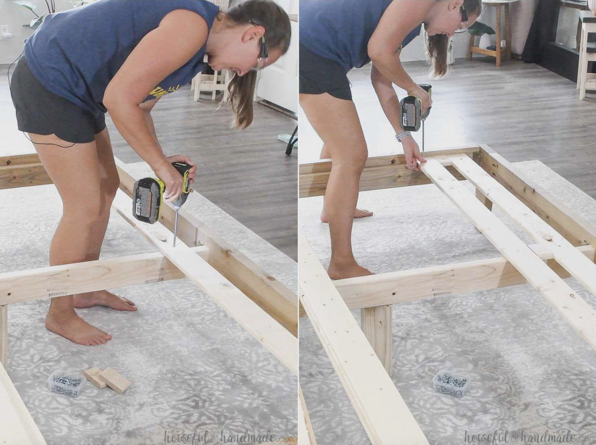 Adding DIY bed slats to the platform bed frame.