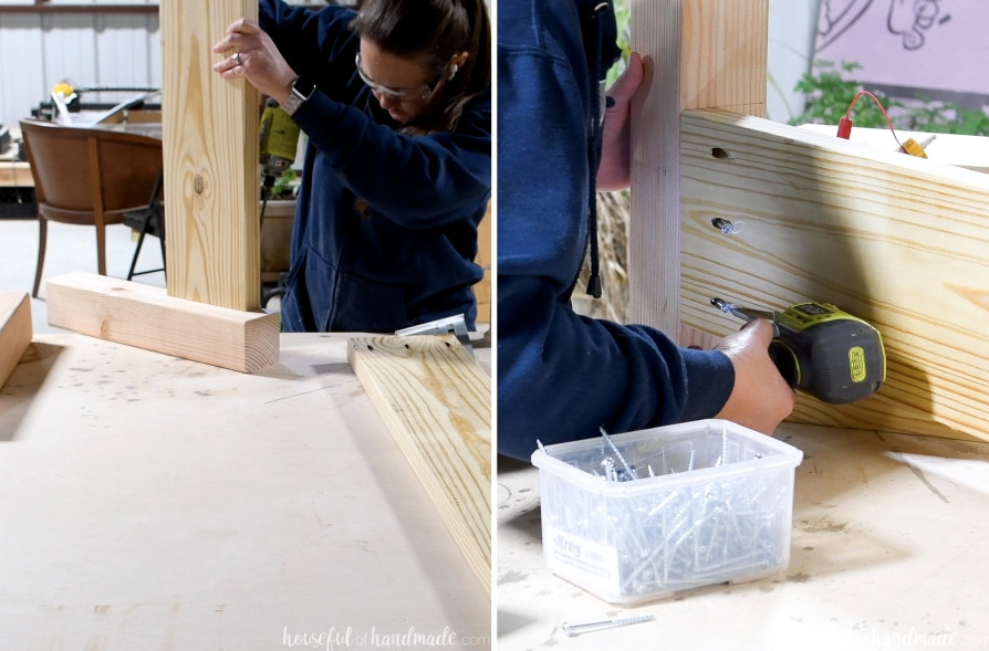 Fastening the legs on both sides of the 2x8 footboard board. 