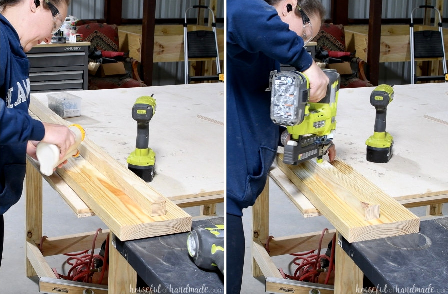 Fastening the 2x2 board to the rails with wood glue and a nail gun. 