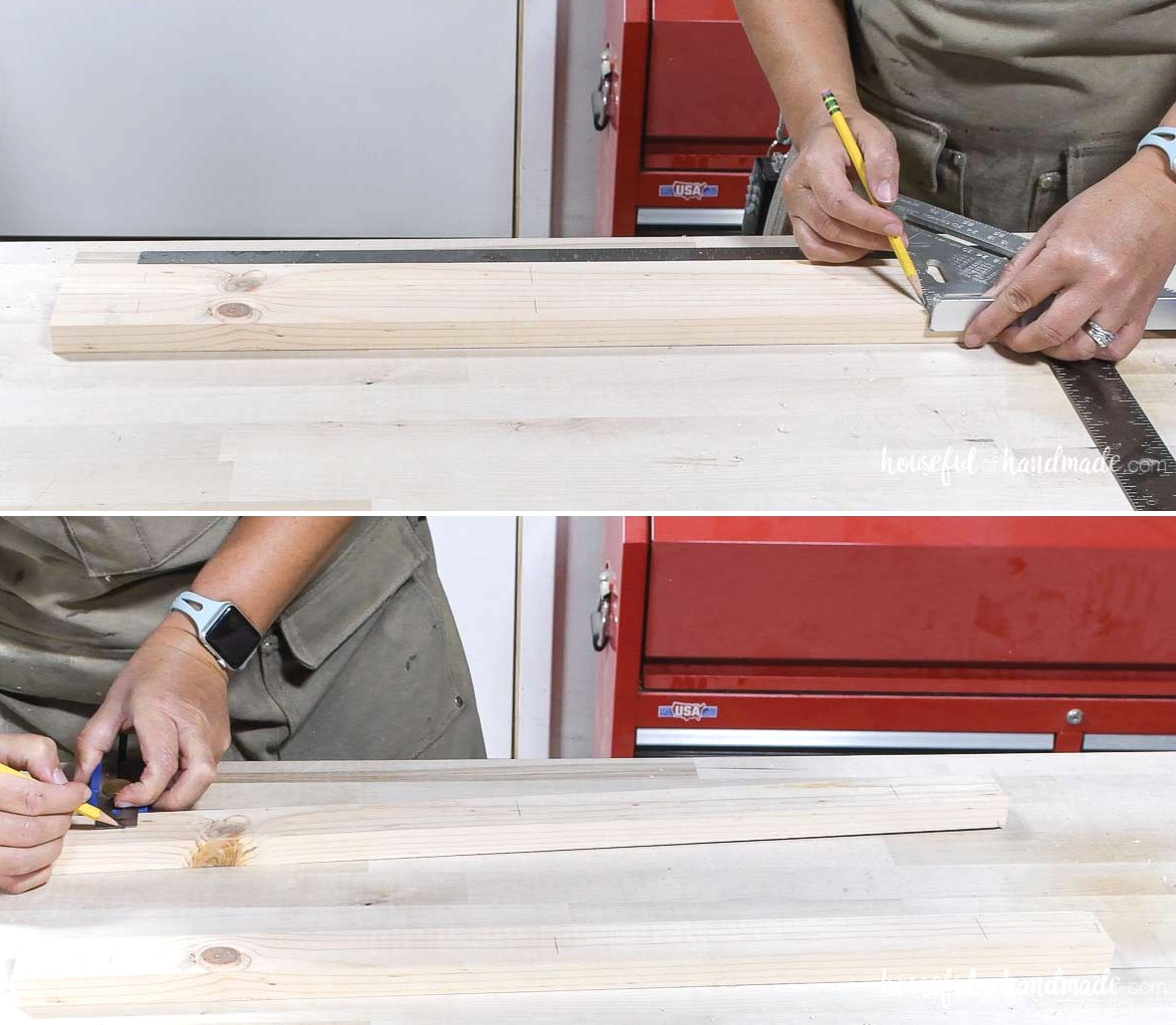 Marking the shelf pin hole positions on the side boards. 
