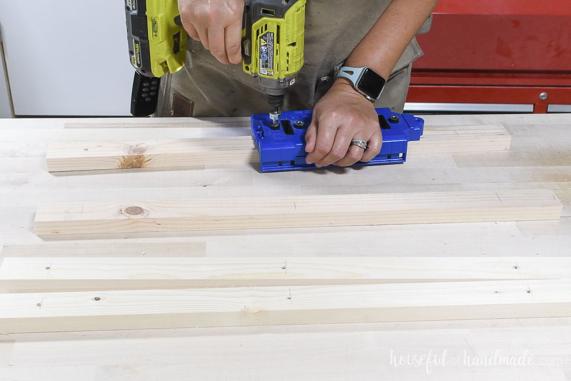 Using a shelf pin jig to drill the shelf pin holes. 