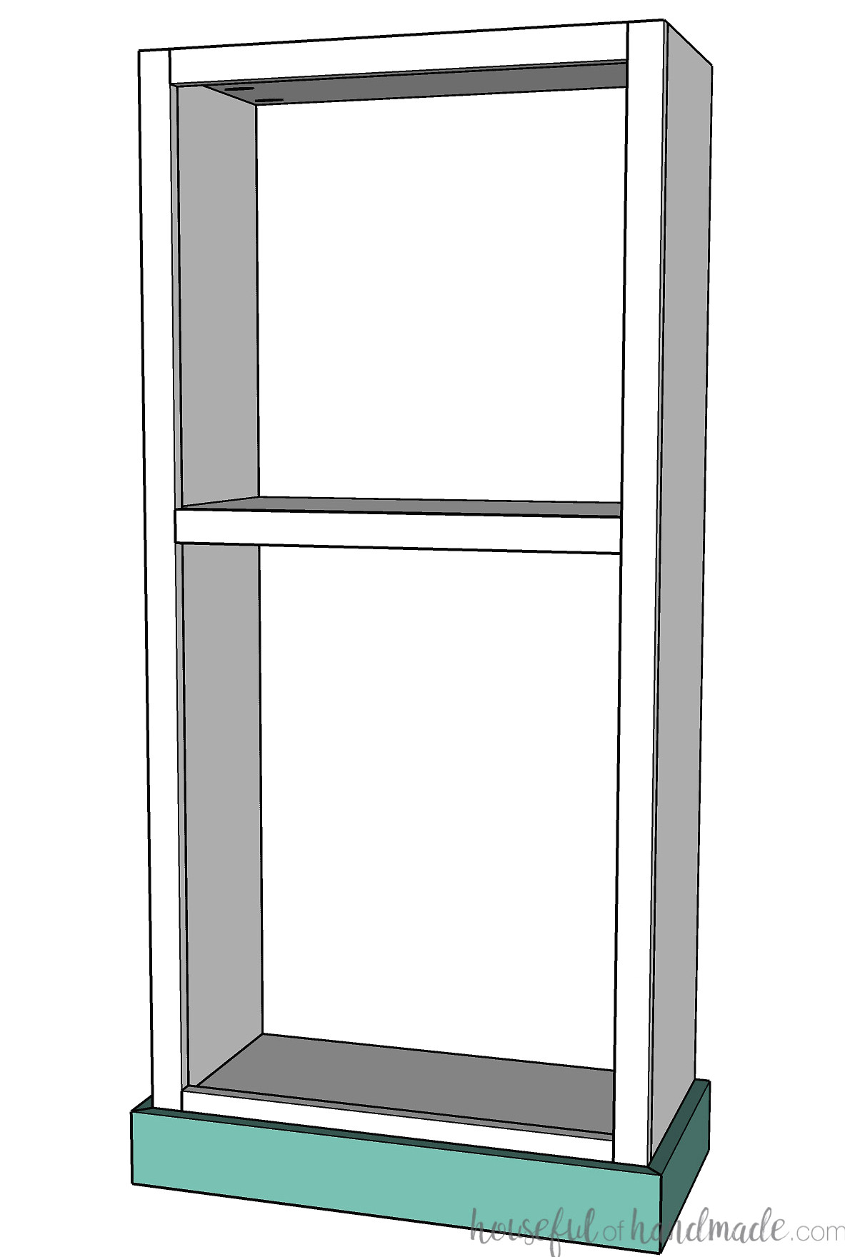 Diagram of a tall bookcase featuring bottom trim rather than a toe kick.