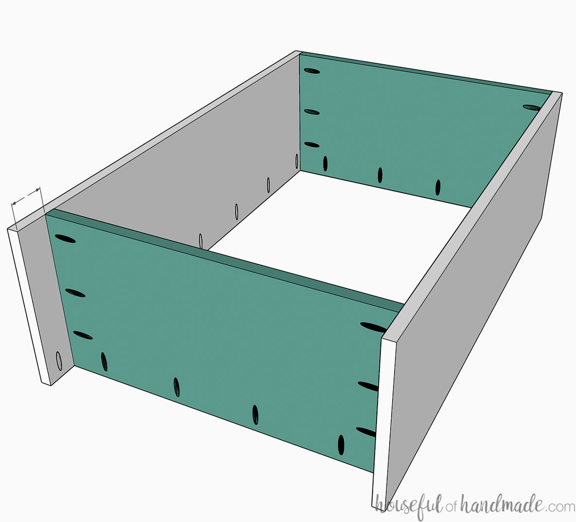 Diagram showing the bookcase top and bottom secured to the sides.