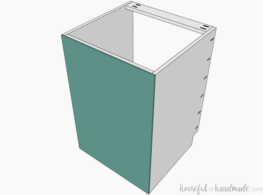 Drawing of the back of the drawer base cabinet with the back panel attached.