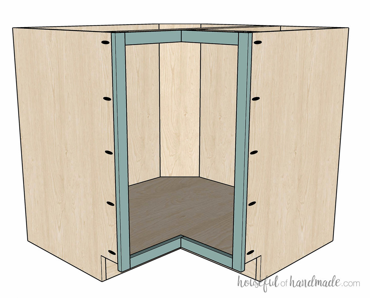 3D drawing of the completed bifold corner cabinet box with face frame.