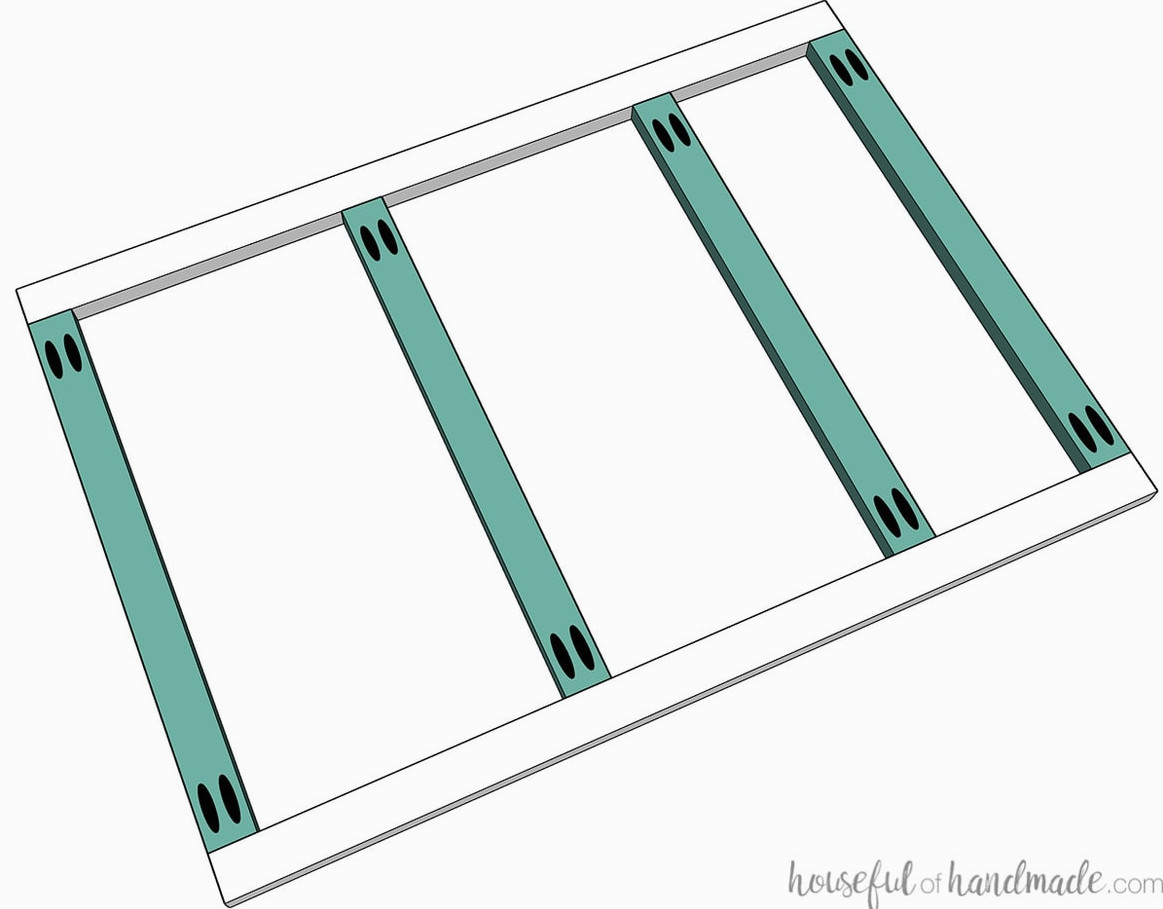 3D sketch of the face frame for the drawer base cabinet build.