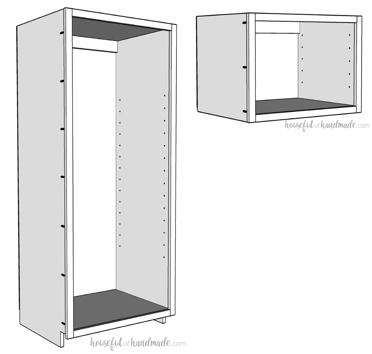 Shelf pin openings drilled into the pantry cabinet sides.