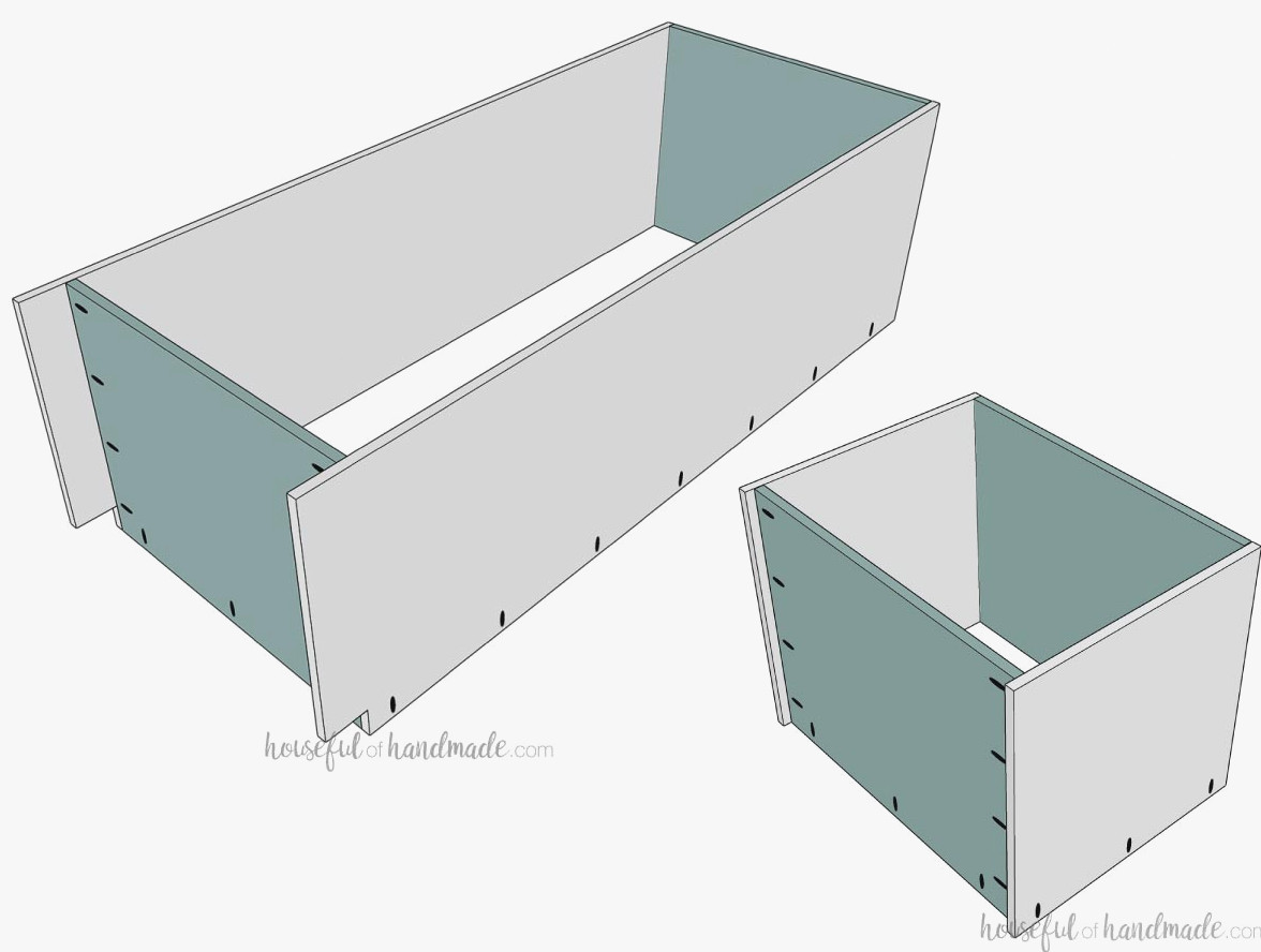 Attaching the top and bottom pieces to the side pieces.