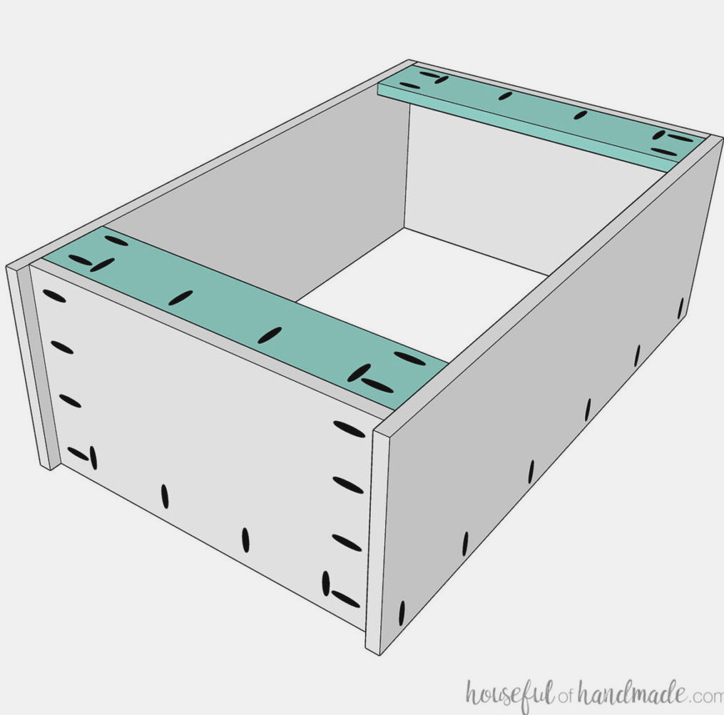 3D drawing of the support pieces being attached to the wall cabinet.