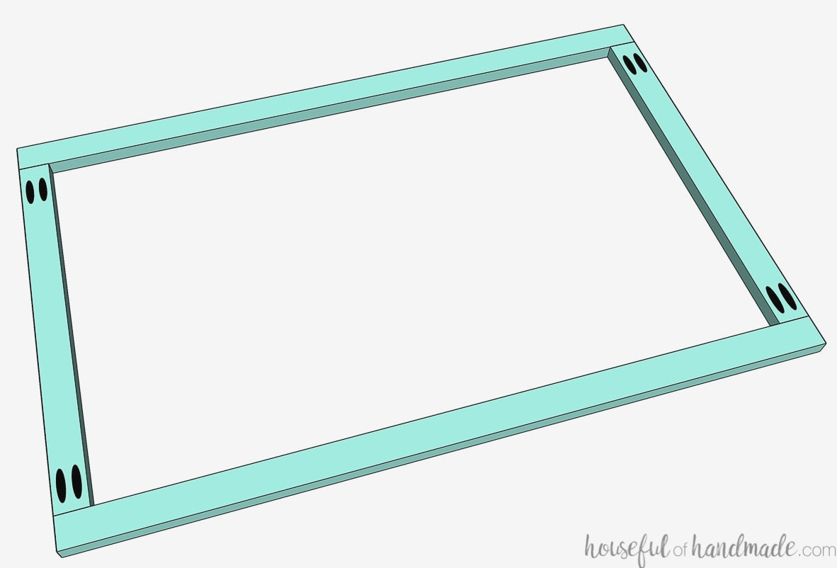 3D drawing of the face frame boards being attached with pocket hole screws.