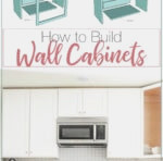 Images showing face frame and frameless wall cabinets separated into components, along with completed DIY wall cabinets in a kitchen.