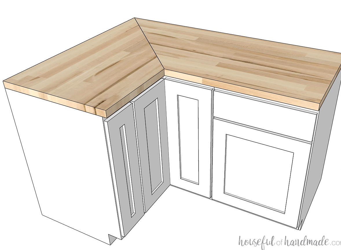 3D Sketch of a bifold corner cabinet and two other cabinets on the sides in a corner with butcher block countertop.