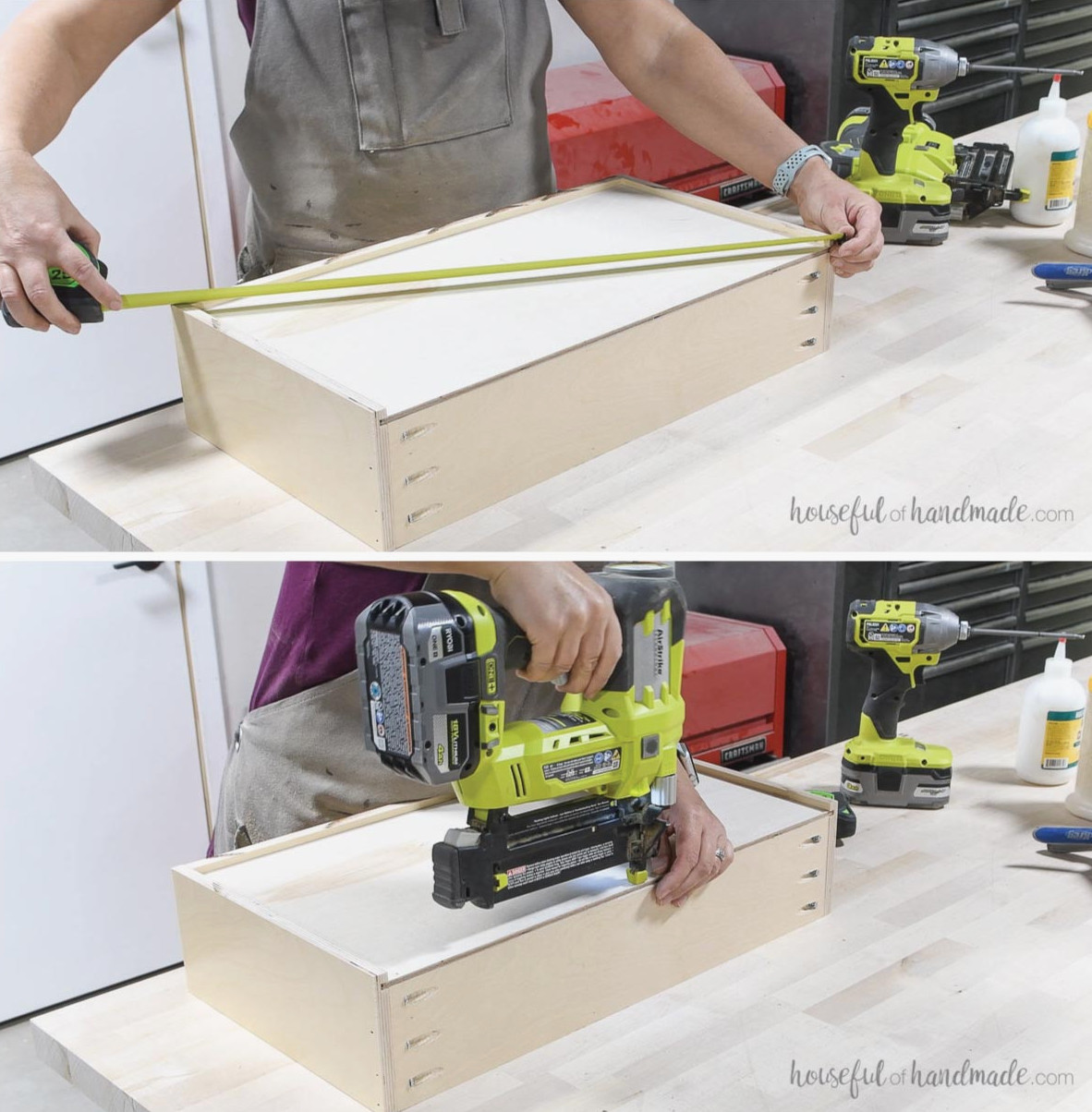 Verifying the drawer is square before nailing the bottom panel in place.