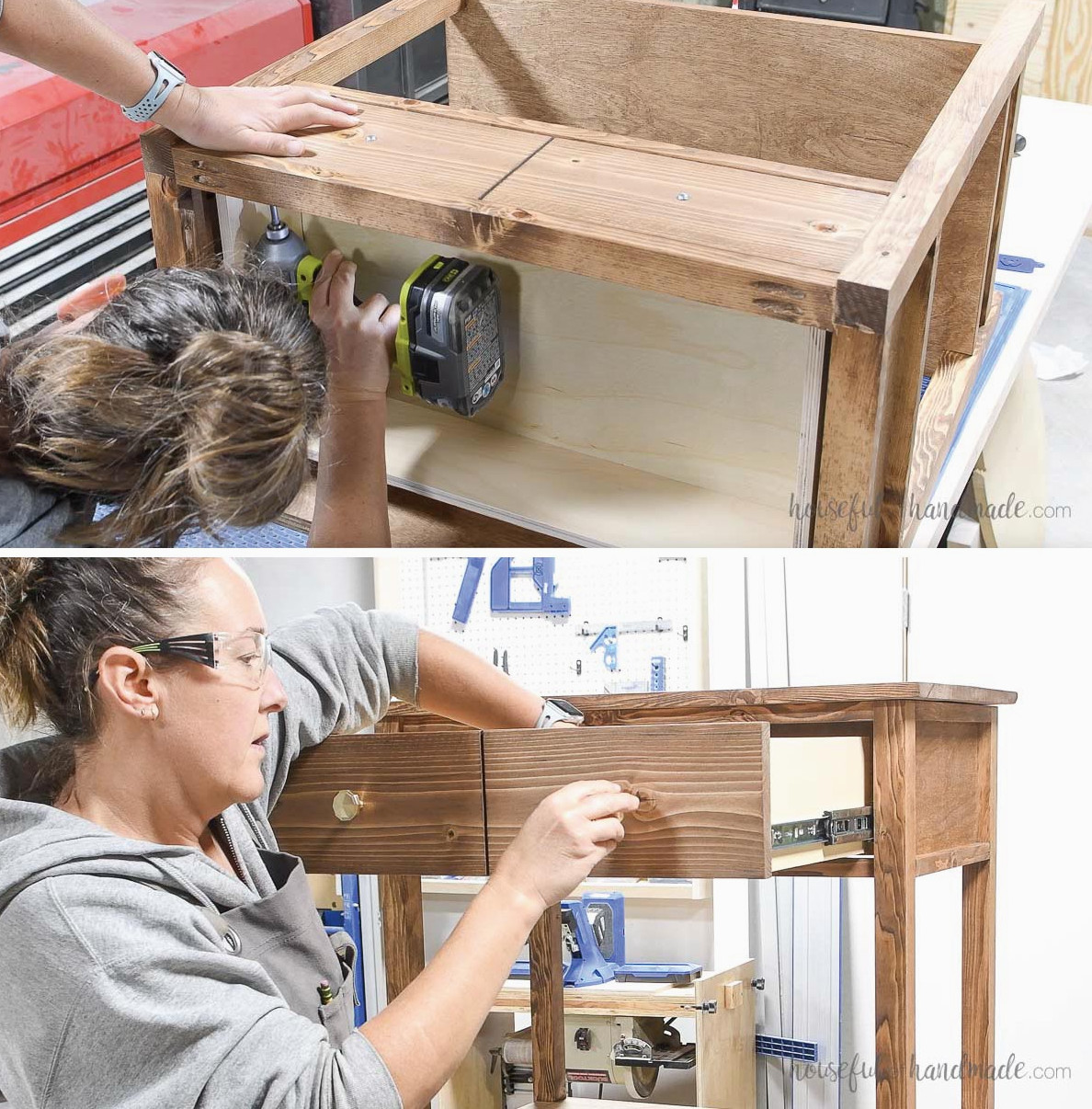 Fastening the drawer front from the inside with screws before installing the knobs.