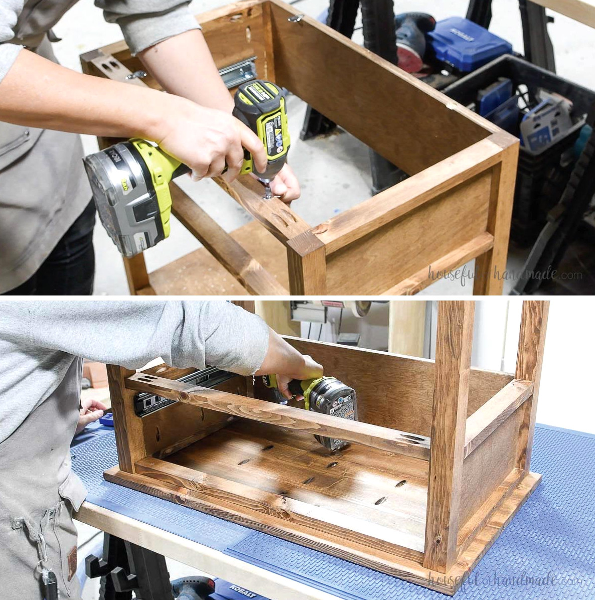 Securing the nightstand top using figure 8 fasteners.