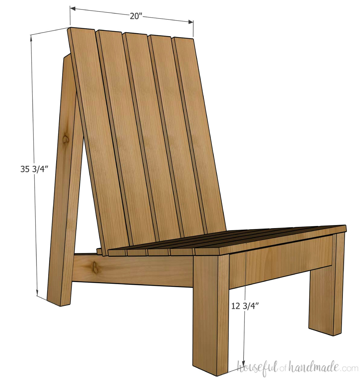 3D drawing of a modern adirondack chair with labeled measurements.