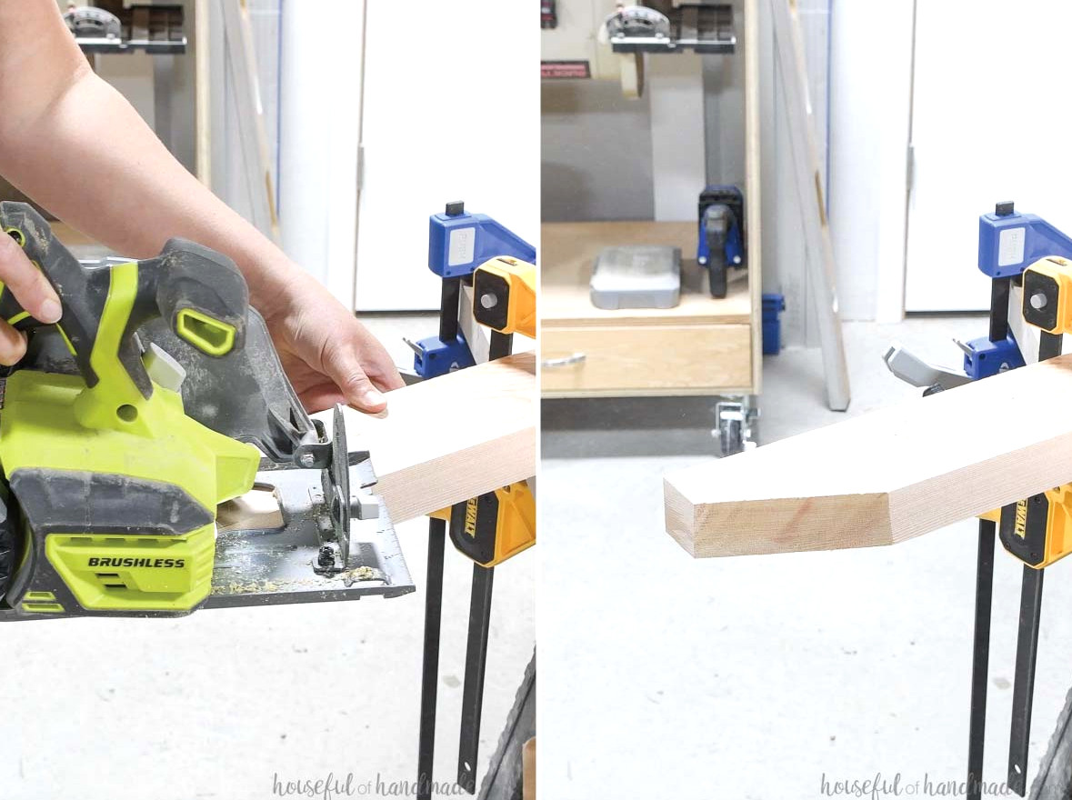 Making the initial angle on the chair’s back leg.