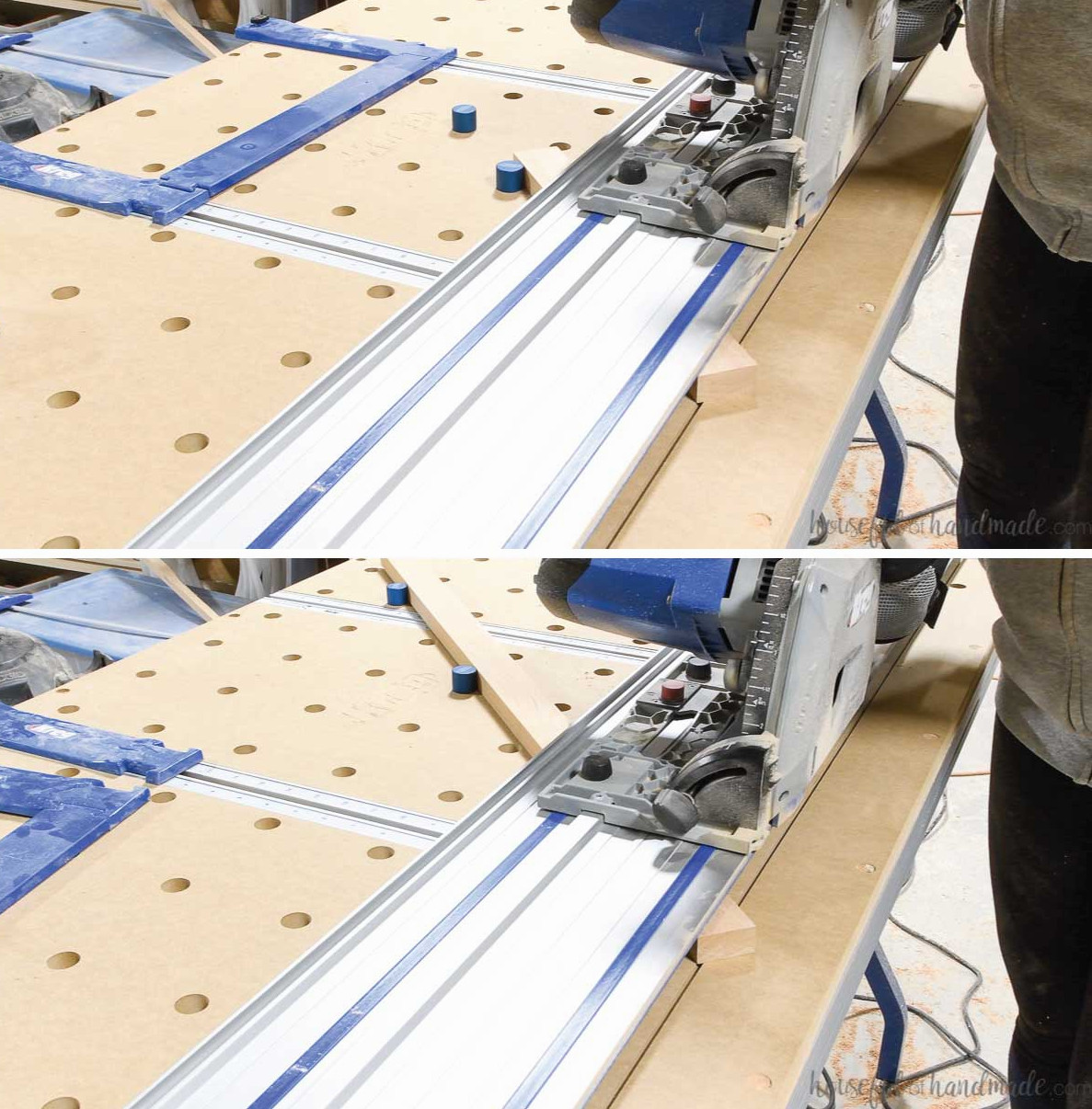 Making a 45 degree miter cut on the face frame boards with the cutting table. 
