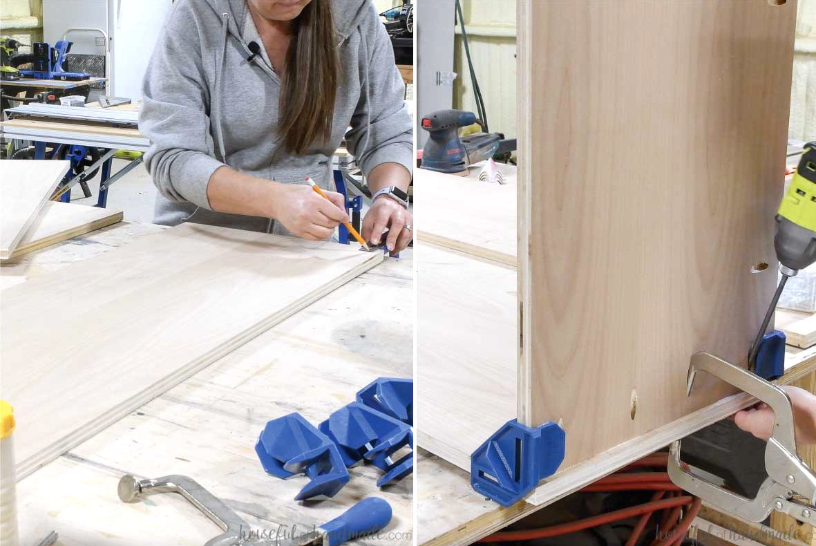 Fastening the display cabinet box bottom to one side. 