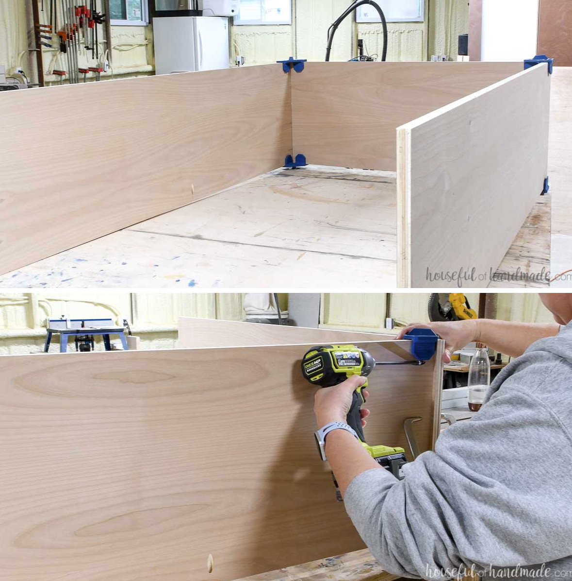 Securing the second cabinet box side to the bottom. 