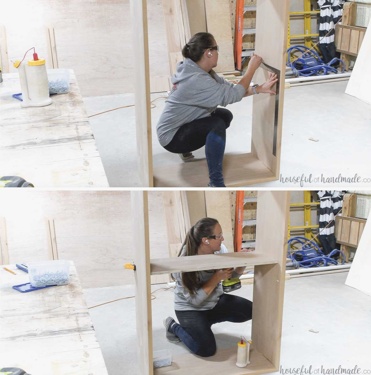 Attaching the first shelf for the display cubby. 