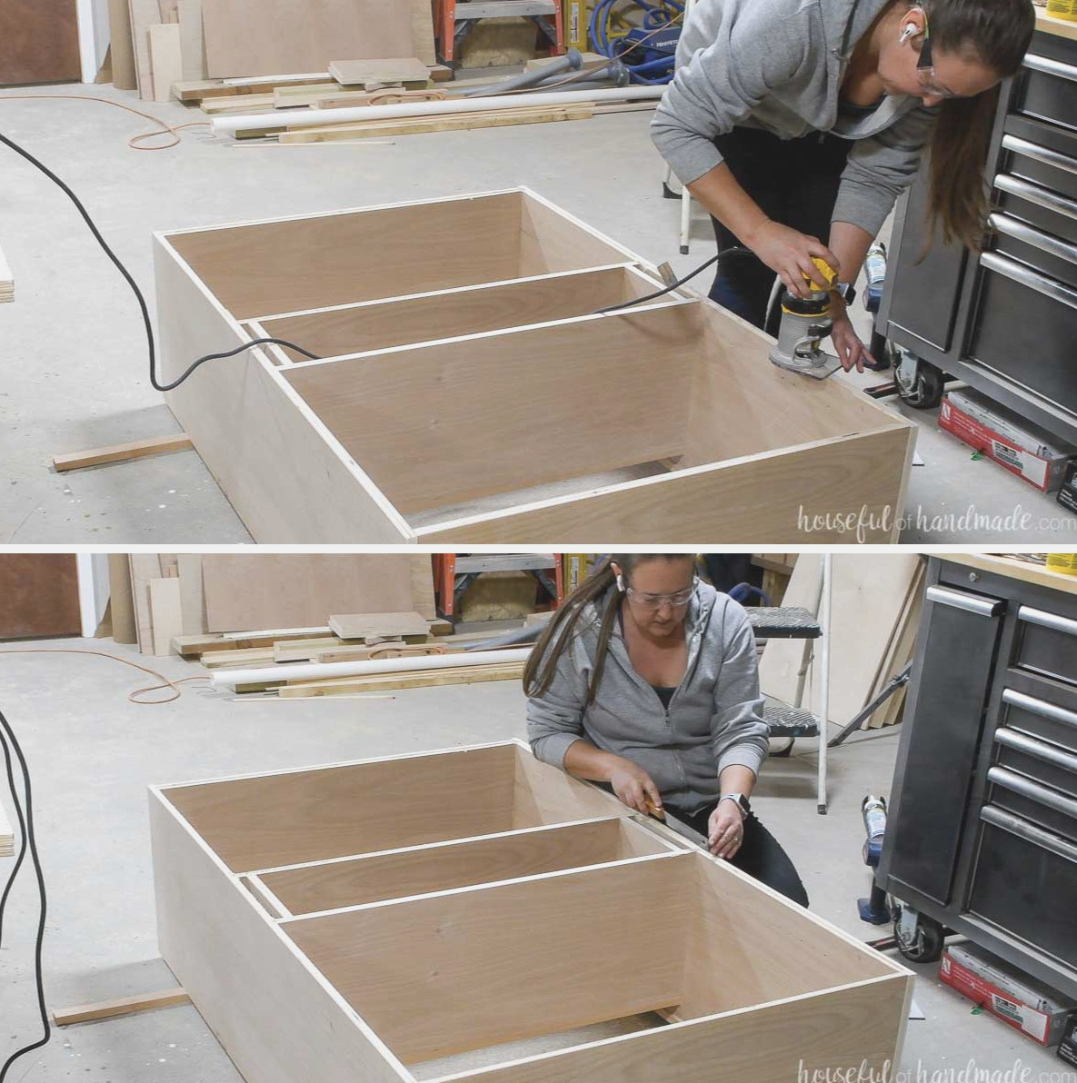 Routing a groove in the back of the display cabinet for the backing. 