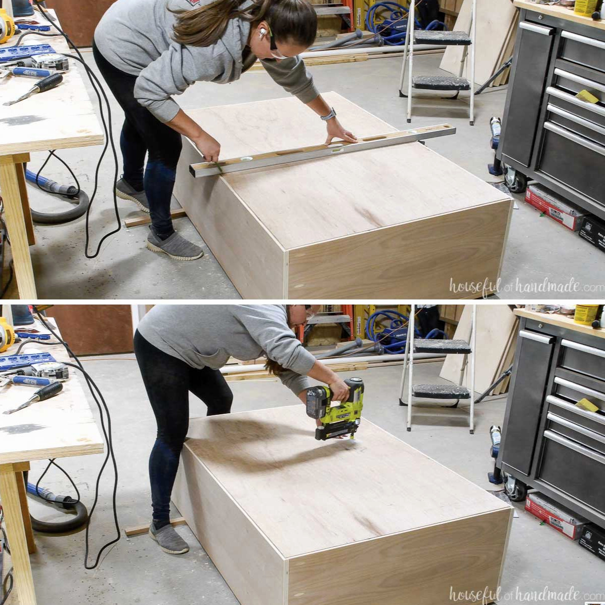 Attaching the back of the display cabinet with a brad nailer. 