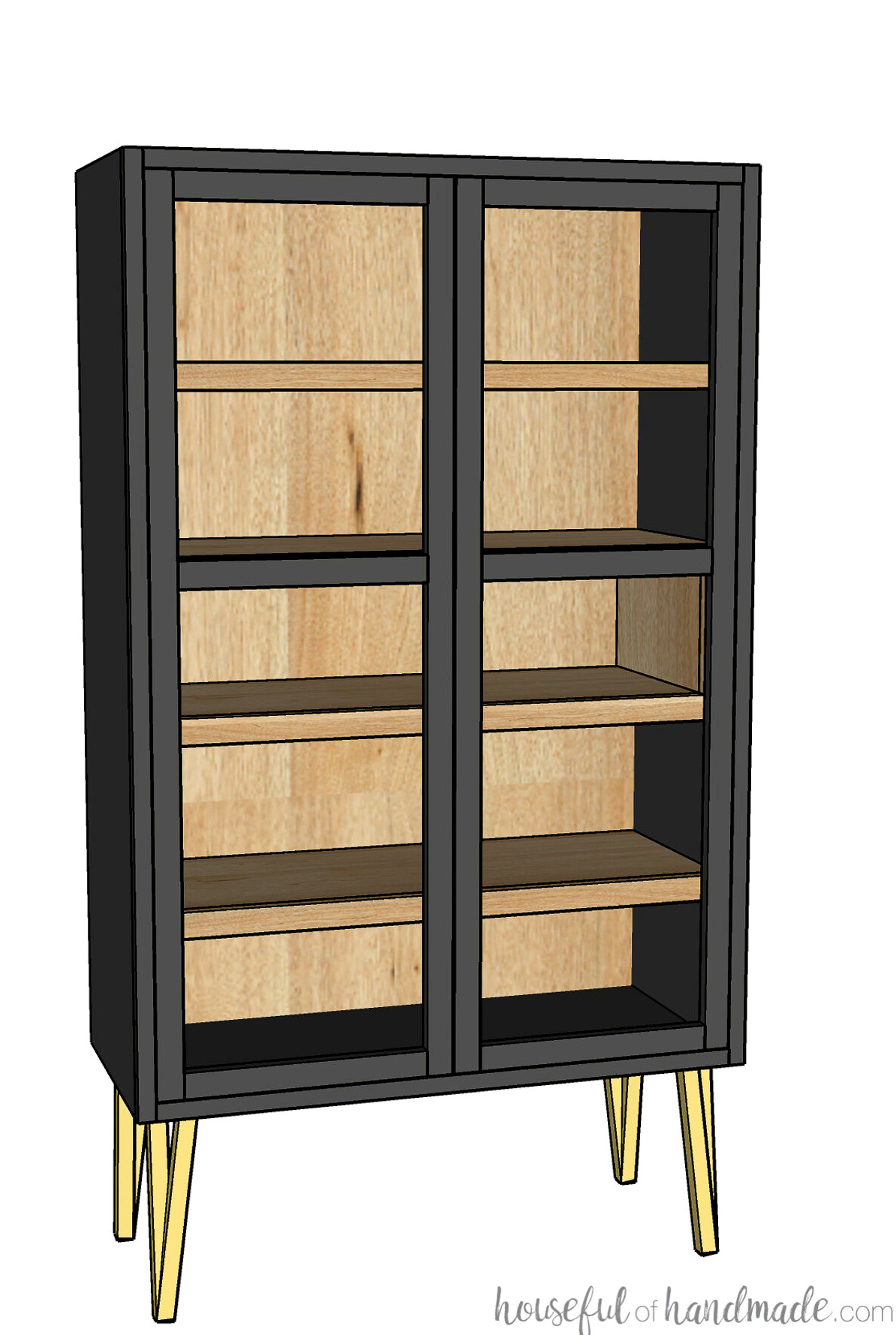 3D drawing of a contemporary display cabinet with a black exterior, alder wood interior, and gold legs. 