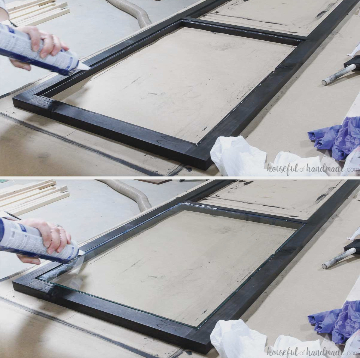 Fitting glass into DIY cabinet doors stained black with clear silicone. 