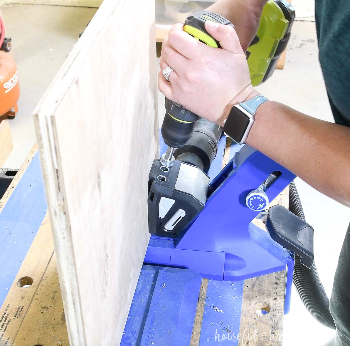 Drilling pocket holes with the Kreg 720Pro jig.
