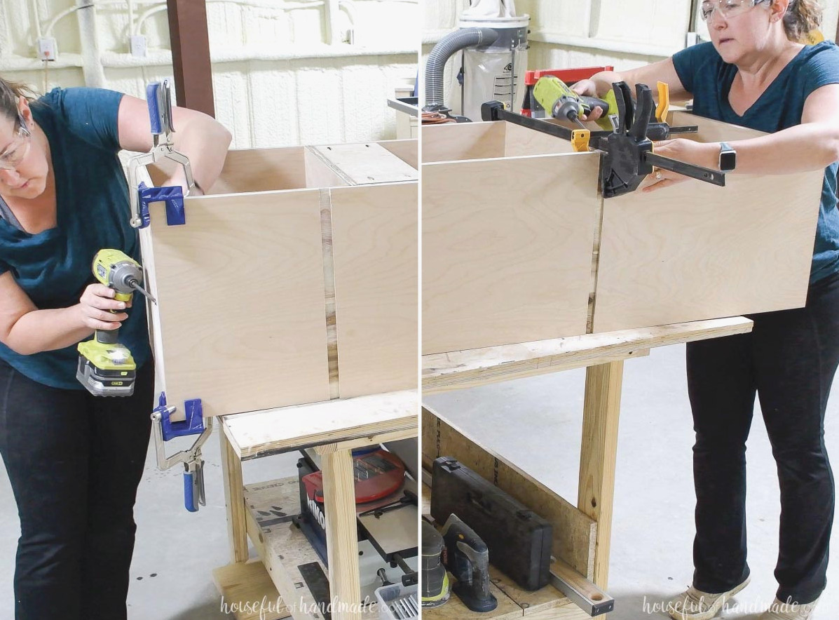 Fastening the cabinet’s second side piece. 