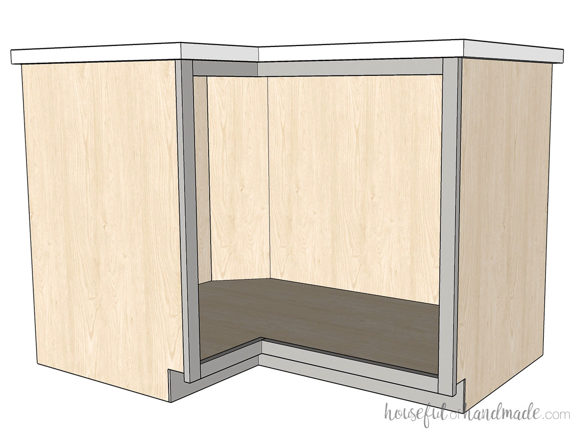 Non square corner cabinet with one side longer than the other.