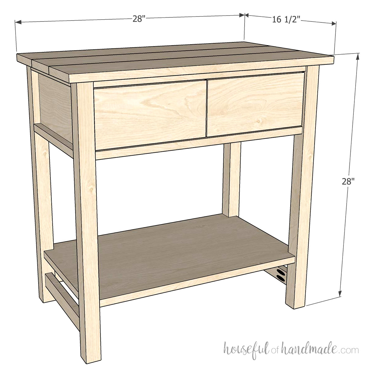 3D sketch of the nightstand with dimensions noted.