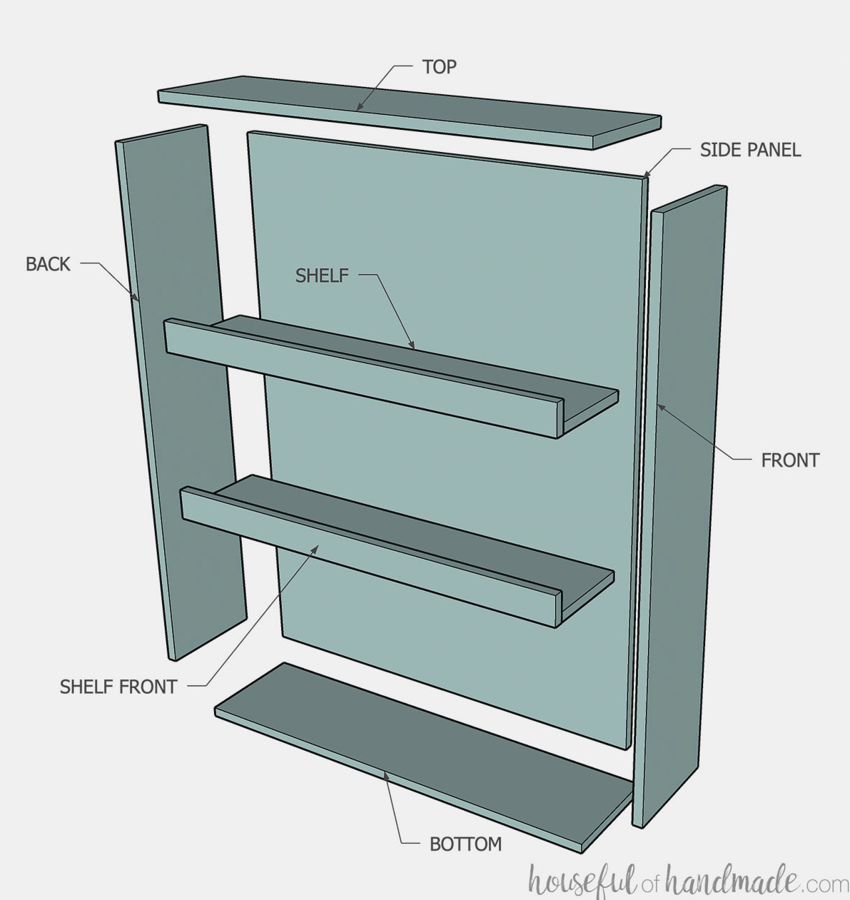 Exploded view of a spice rack cabinet insert with all components labeled.