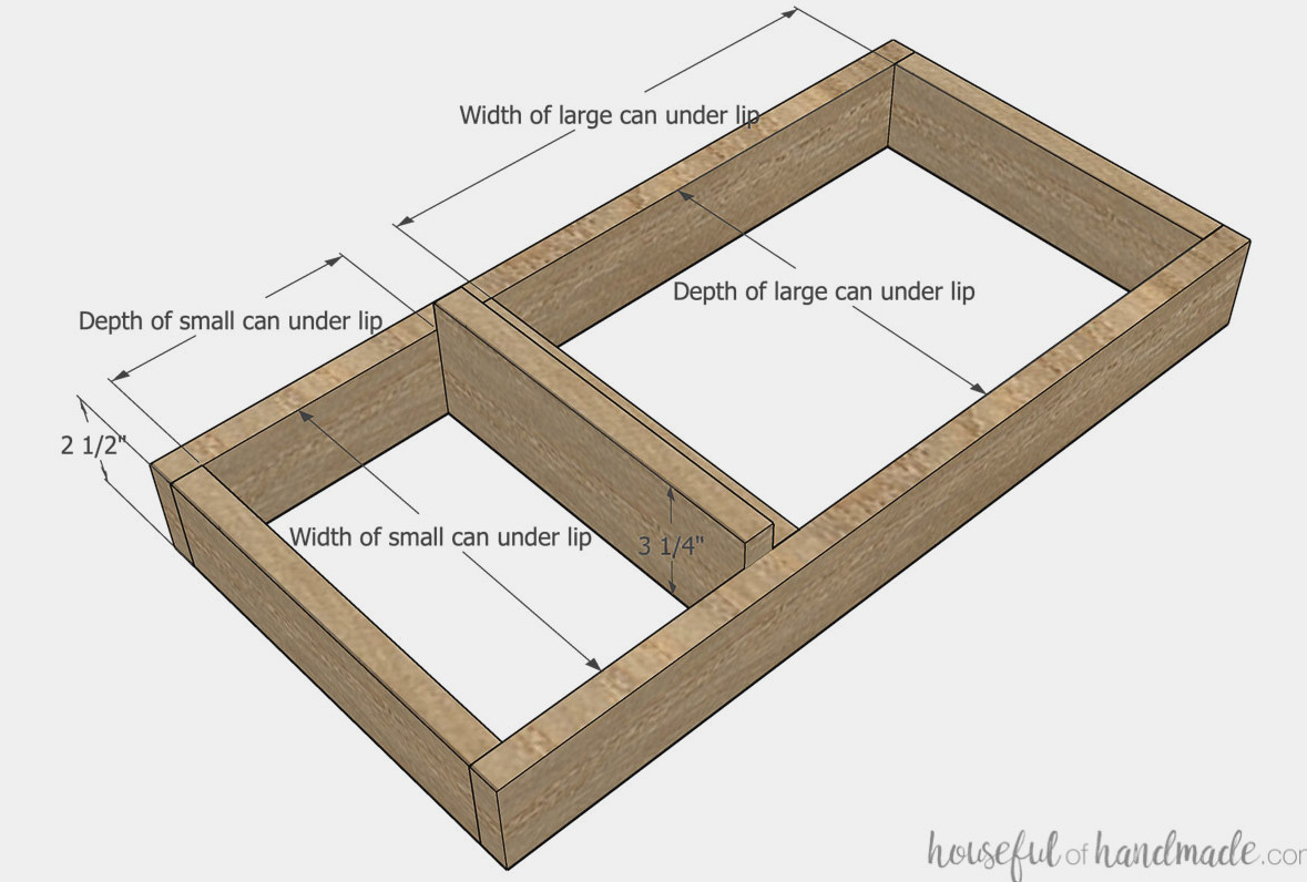 Straightforward DIY frame for storing trash cans inside a kitchen cabinet.