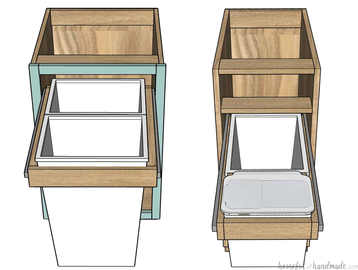 Two 3D drawings illustrating different custom layouts for pull out trash can cabinets you can construct.