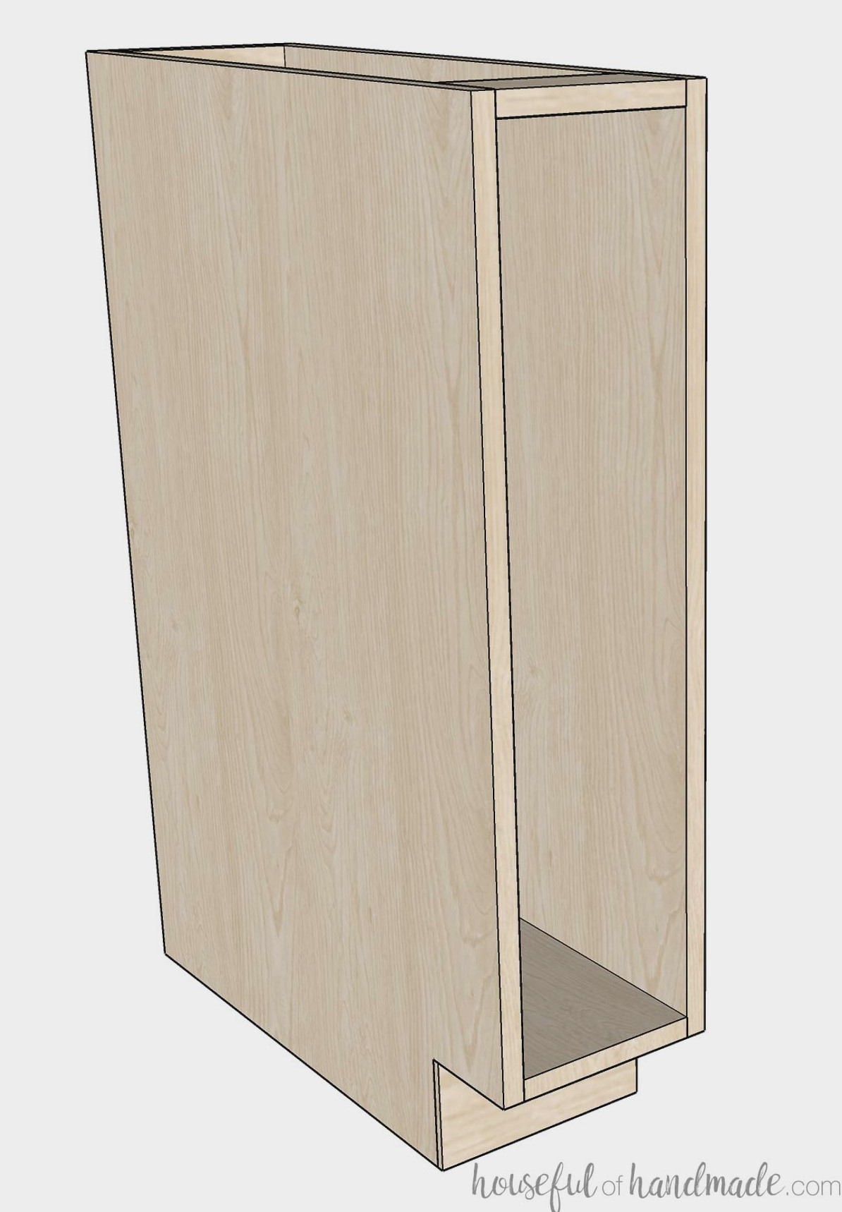 3D drawing of a skinny frameless base cabinet made for a spice rack insert.