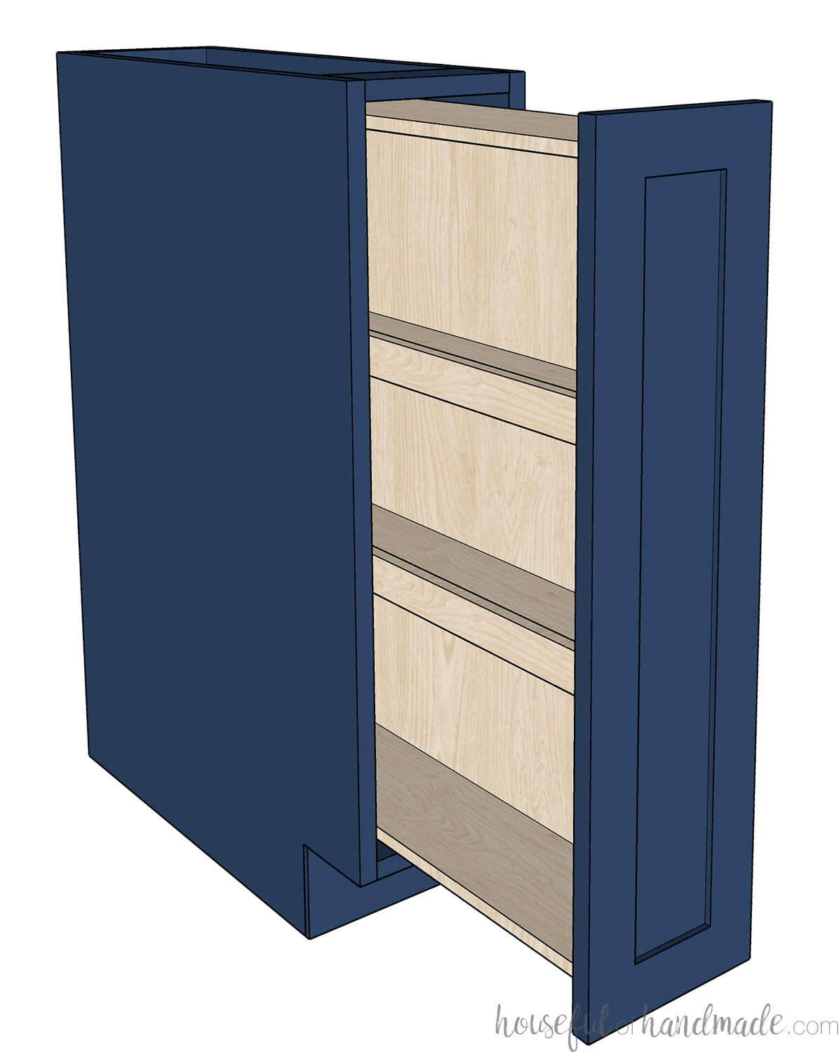 3D illustration of a navy spice cabinet with shelves.