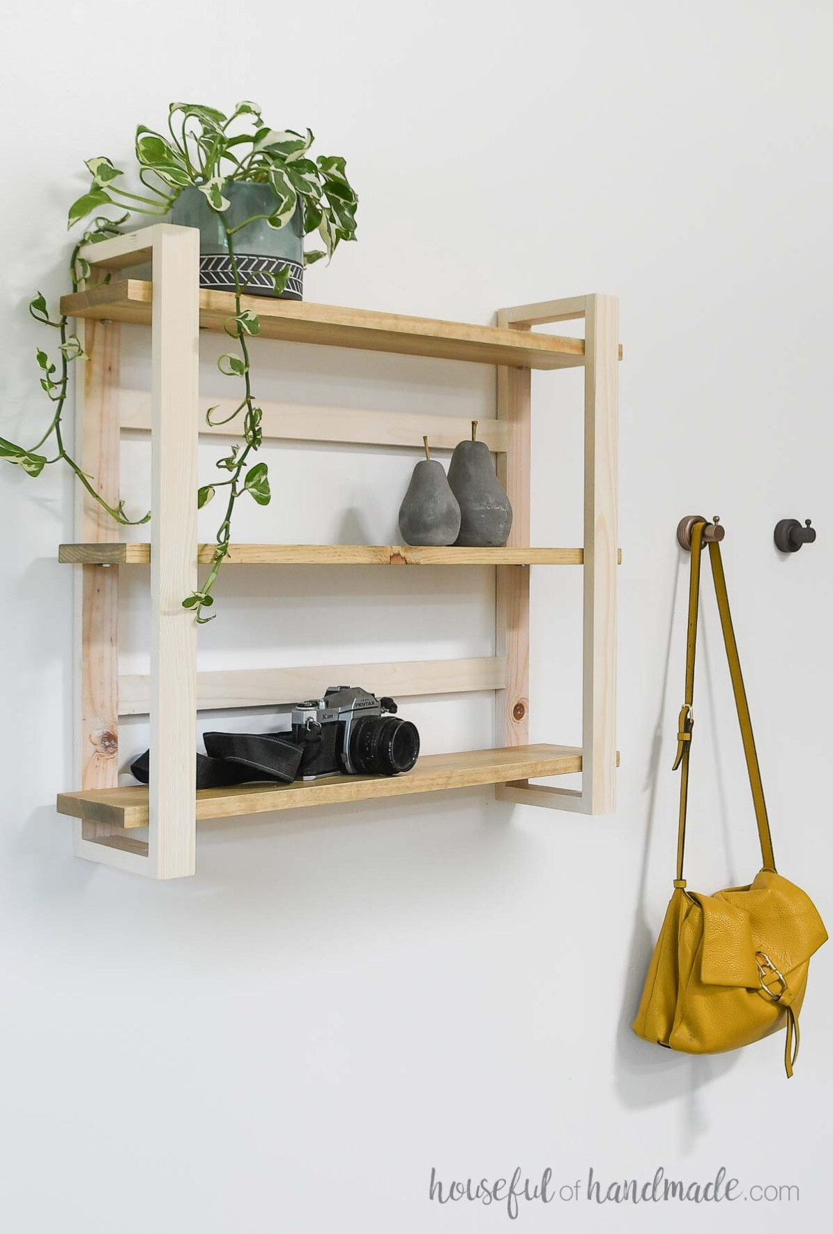Contemporary wall mounted shelves displaying a plant and decor beside hooks holding a purse. 