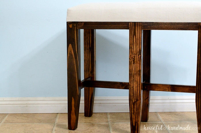 Bring more seating to your kitchen island with these barstool benches. They are easy to make using the Kreg Jig. Housefulofhandmade.com