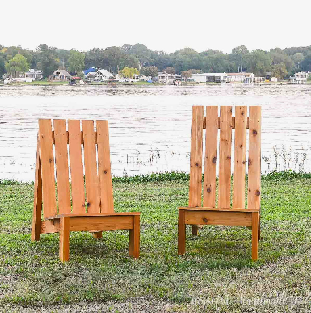 Two DIY adirondack chairs, one standard and one XL with a higher back and deeper seat.