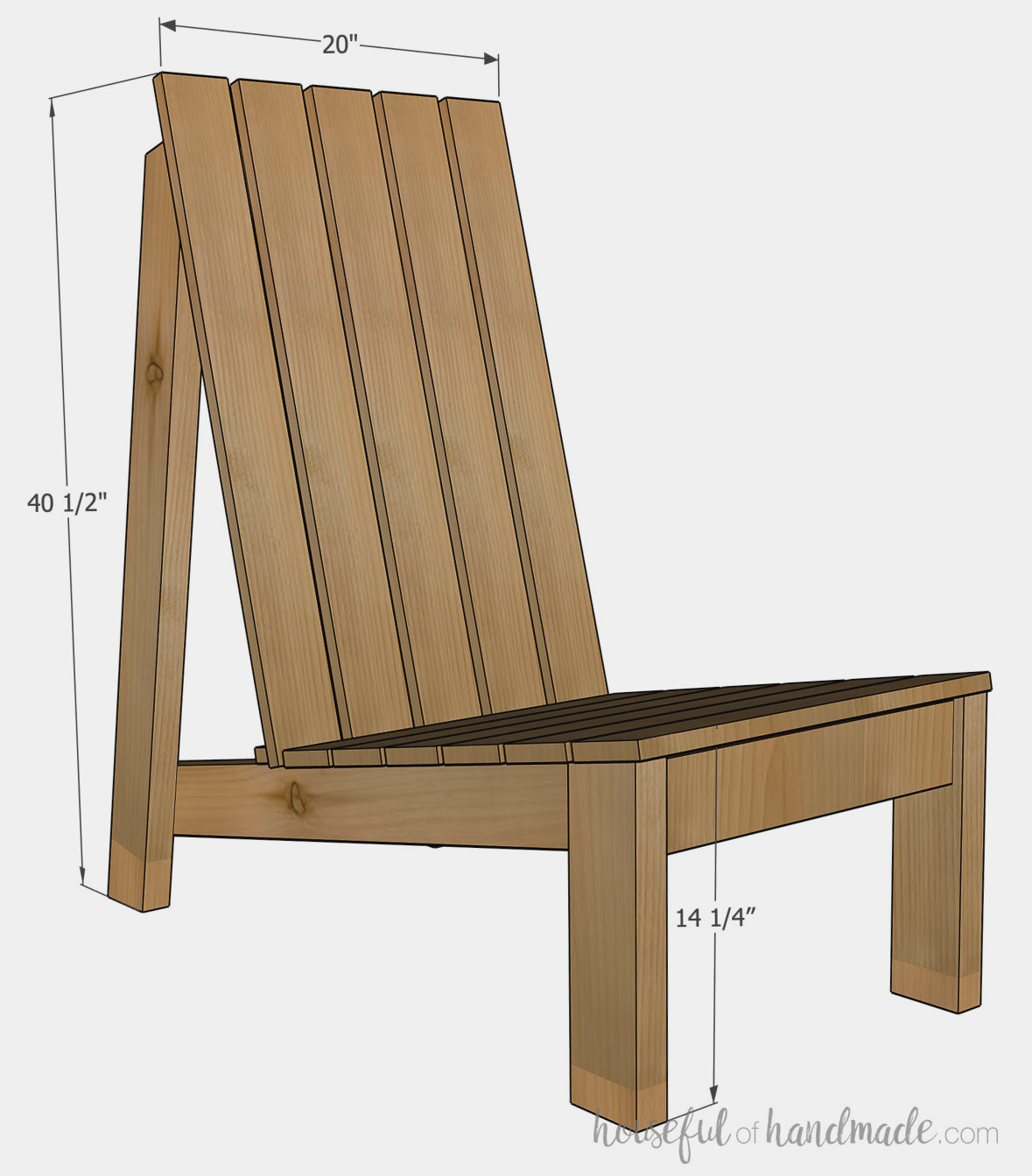 3D drawing of the XL adirondack chair with its dimensions labeled.