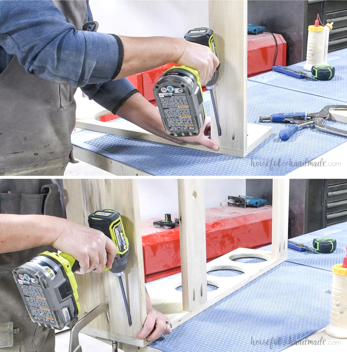 Securing the bottom and back pieces to one side panel.