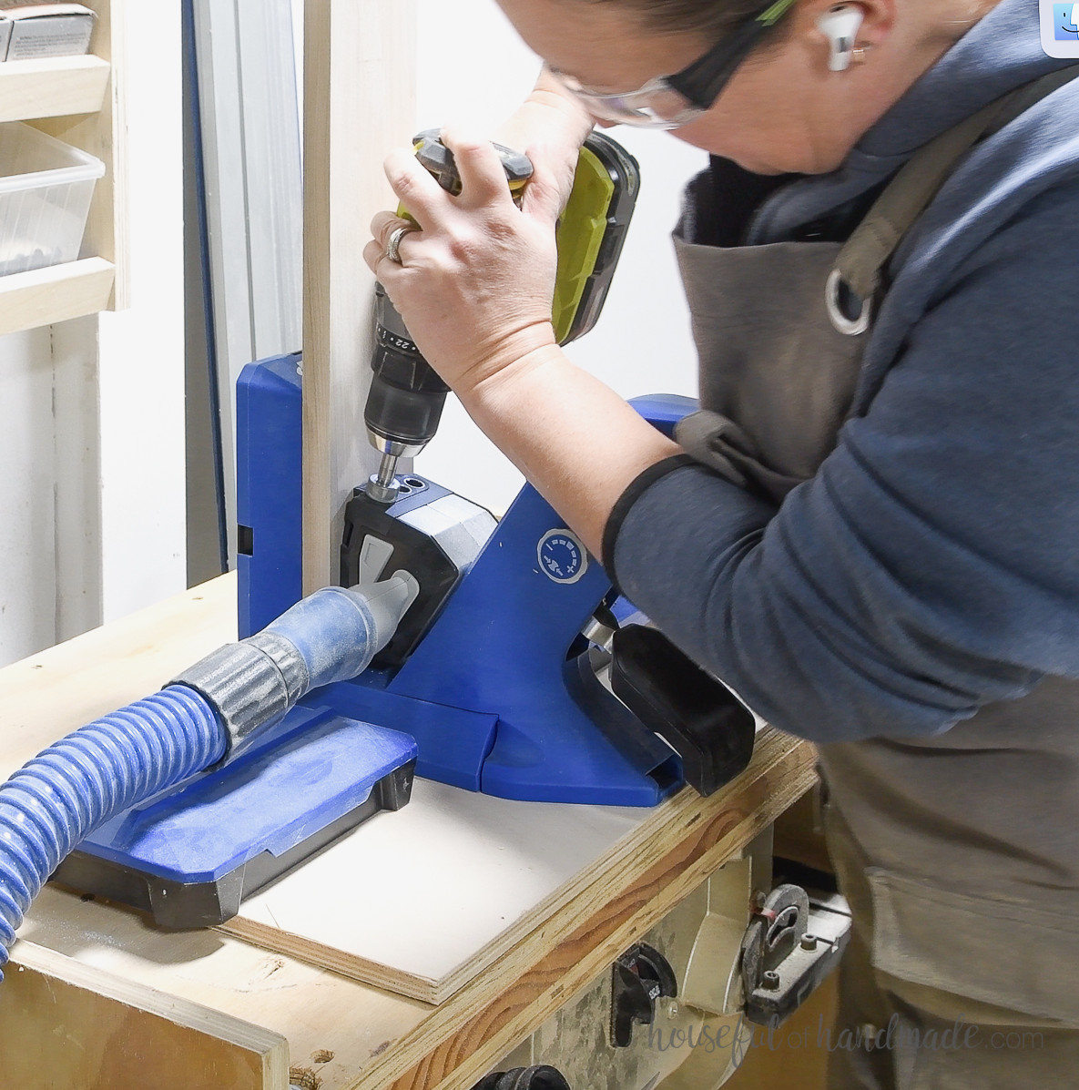 Drilling pocket holes in a 1x4 board.