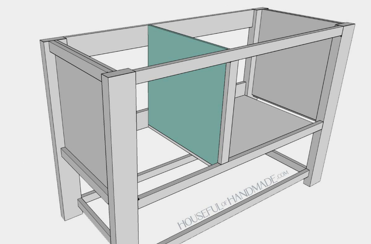 Installing the center support between the cabinet and drawers.